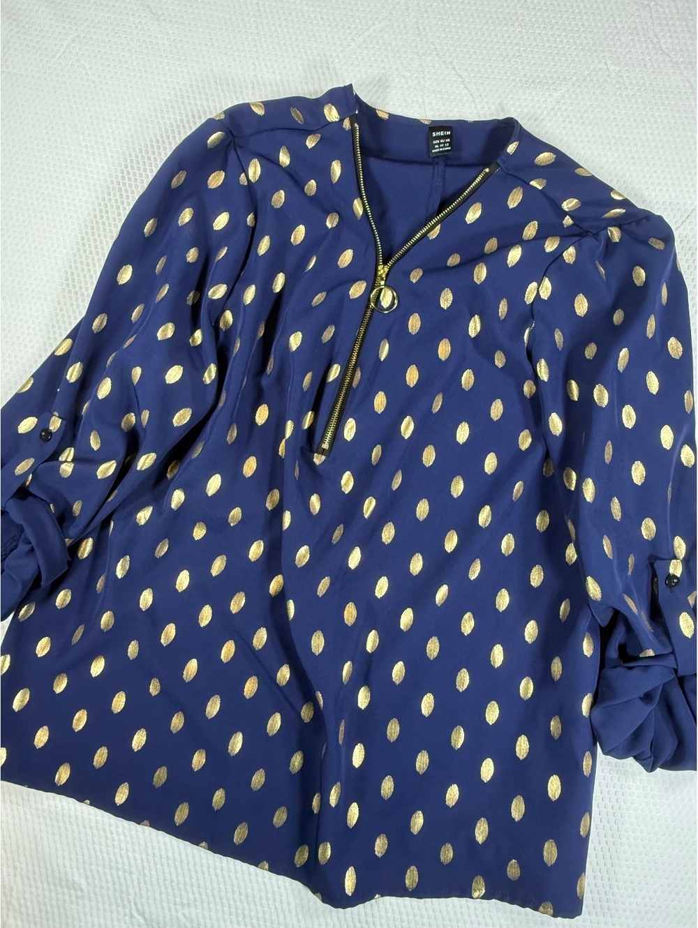 SHEIN Women XL Navy Blue Gold Polka Dot Blouse Zip Front Roll Tab Sleeves